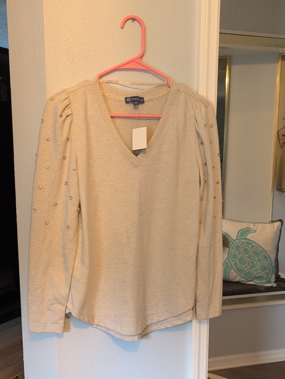 Democracy Cream V-Neck Sweater with Studded Puff Shoulders Brand New